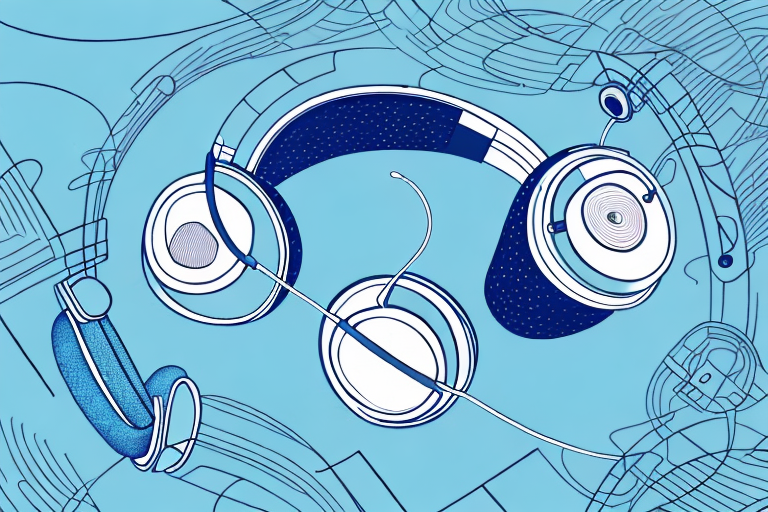 A pair of headphones surrounded by abstract shapes and waves